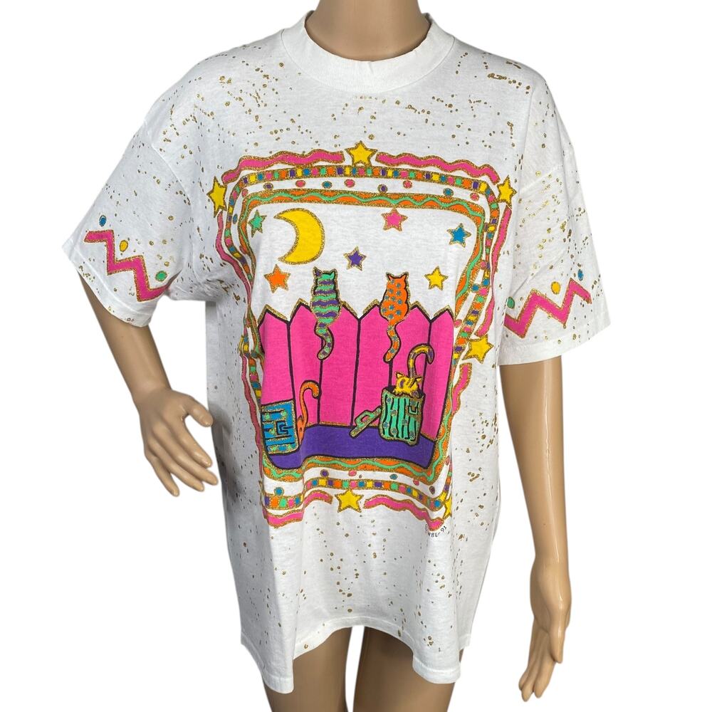 VTG 1991 KWBL Hand Painted Shirt OS Single Stitch Alley Cat Kidcore Wearable Art